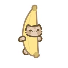 a cat sitting on top of a banana with it's paws up to its face