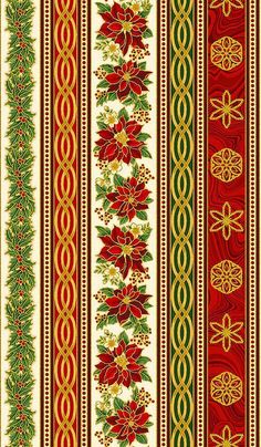 a red, green and yellow striped pattern with poinsettis on it's sides