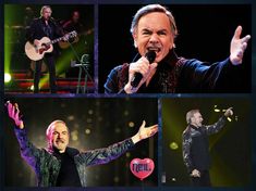 a collage of photos with the same man singing and holding his hands in the air