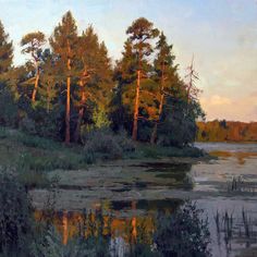 a painting of trees and water in the foreground, with grass on the other side