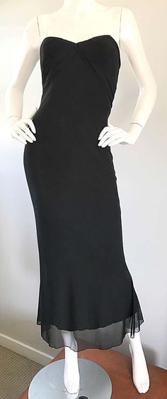 For Sale on 1stDibs - Classic vintage 90s VICKY TIEL COUTURE black silk mesh strapless mermaid gown / maxi dress! Features signature Tiel pleating detail at the bust. Great Silk Fitted Maxi Dress For Black-tie Events, Elegant Evening Maxi Skirt With Bias Cut, Fitted Silk Black Maxi Skirt, Fitted Black Silk Maxi Skirt, Floor-length Bias Cut Party Maxi Skirt, Bias Cut Floor-length Party Maxi Skirt, Evening Dresses With Bias Cut Long Skirt, Fitted Bias Cut Maxi Skirt For Night Out, Formal Stretch Silk Maxi Dress