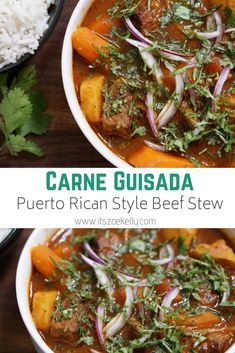 two bowls filled with stew next to rice and garnished with cilantro