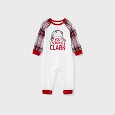 Get into the holiday spirit with our matching Christmas family pajamas. Featuring the iconic YOU SERIOUS CLARK? line from the movie and a festive trapper hat design on the shirt, these PJs are sure to bring some fun and warmth to your family.
* Please add each size separately to your shopping cart.
* Each size includes 1 set of pajamas (1 top+1 bottom), or 1 romper, or 1 pet bandana.
*  For children's safety, pajamas should be snug-fitting or flame-resistant. These kids' and babies' pajamas are flame-resistant.
* Fabric characteristics: Soft and comfortable, featuring plaid pattern on the pants and a red cuff design
* Neckline: Crew neck
* Sleeves: Long sleeves
* Style: Christmas style
* Fit: Regular fit
* Length: Regular length
* Source of goods: Imported
* Supplier: PatPat Matching Pajama Set, You Serious Clark, Matching Pajama, Baby Size Chart, Raglan Sleeve Top, Cuff Design, Trapper Hat, Pajamas Sets, Kimono Pattern