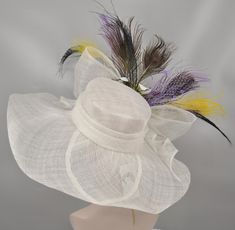 White Wide Brim Sinamay Hat Kentucky Derby Hat W Yellow Lavender Green Purple Lily Silk Flower Peacock Feathers Wedding Hat, Easter Hat - Etsy Adjustable Wedding Hat With Feather Trim, Curved Brim Mini Hat With Feathers For Wedding, Wedding Mini Hat With Feathers And Curved Brim, Wide Brim Feathered Costume Hat For Wedding, Feathered Curved Brim Costume Hat For Wedding, Feathered Wedding Costume Hat With Curved Brim, Wide Brim Feathered Hat For Wedding, Wedding Hats With Feathers And Short Brim, Wide Brim Costume Hats With Feathers For Wedding