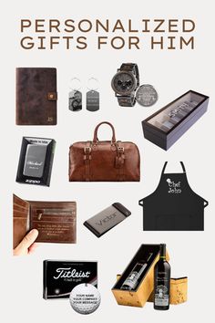 A selection of personalized gifts for him, featuring a watch case, monogrammed leather journal, monogrammed bag, engraved wooden watch, The Chef’s BBQ apron, wine gift, engraved keychain, men’s wallet, laser engraved money clip, personalized golf balls, and engraved lighter. Custom Watches, Personalized Gifts For Him, Thoughtful Gift Ideas, Personalized Gift Ideas