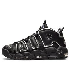 The Nike Air More Uptempo 'Black Metallic Silver' is a stylish sneaker that is perfect for any activity. Its sleek silhouette features a black upper with metallic silver accents, a unique Swoosh, and a removable tongue. The inspiration behind the design is the classic Air More Uptempo series, which is known for its bold and eye-catching designs. The sneaker is suitable for any activity, from running to casual wear. The Nike Air More Uptempo 'Black Metallic Silver' is a perfect combination of style and comfort that is sure to turn heads. (SNKR/Retro/Women's/High Top/Basketball/Wear-resistant) Nike Uptempo Black, Nike Uptempo Sneakers, Nike Uptempo, Nike Air More Uptempo, Nike Air More, Retro Basketball Shoes, Nike Design, Retro Women, Black Metallic