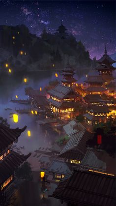 an image of a night scene with lanterns in the sky and buildings on the water