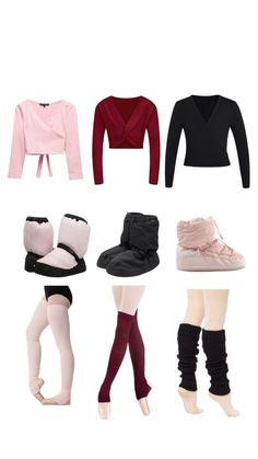 six pairs of ballet shoes, one with long sleeves and the other with tights