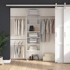 The Closet 24W 5 Shelf Closet Organizer with Clothing Rods is the perfect storage solution for any space, style, and budget. The Closet Starter Kit includes 3 adjustable clothing rods, 2 fixed and 3 adjustable shelves to customize your closet organization. This closet system allows to effortlessly store shirts, pants, jackets, sweaters, shoes, or decor and it fits closets 5 to 7 feet wide. The unit must be attached to the wall with included wall anchor for safety and stability. The adjustable ro Tall Narrow Storage Cabinet, Closet Wall Organizer, Adjustable Clothing, Shelf Closet, Clothes Shelves, Narrow Storage Cabinet, Jackets Sweaters, Portable Wardrobe, Closet Shelf Organization