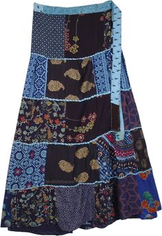 a multicolored skirt with different patterns and colors on the bottom, including blue, brown