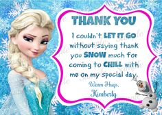 a frozen princess thank card with an image of a snow queen and her name on it