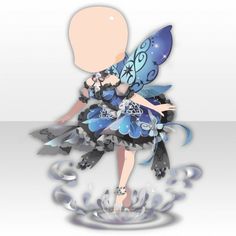 a digital painting of a fairy with blue wings and flowers on her body, standing in water