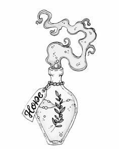 an ink drawing of a bottle with a plant in it