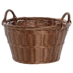 a brown wicker basket with handles