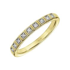 This Keepsake 1/10ct t.w. diamond stackable anniversary ring is set in 18k yellow gold over sterling silver. This ring features nine round diamonds (I-J, I3) placed along the band in square metal frames. This dainty diamond band can be stacked with other rings in your jewelry collection or worn alone to show your style. This diamond band makes a beautiful gift for an anniversary or any special occasion. Size: 5.  Gender: female.  Age Group: adult. Dainty Diamond Band, Wedding Band For Women, Diamond Ring For Women, Princess Diamond Ring, Diamond Stacking Rings, Luxe Jewelry, Diamond Fashion Rings, Diamond Anniversary Rings, Diamond Anniversary