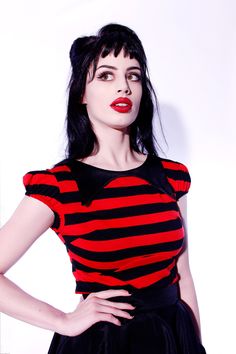 Lydia Striped Top - shopjessicalouise.com Black Short Sleeve Top With Striped Collar, Fitted Black Top With Vertical Stripes, Red Short Sleeve Tops With Vertical Stripes, Black Fitted Top With Contrast Stripes, Fitted Black Top With Contrast Stripes, Red Fitted Retro T-shirt, Vertical Striped Fitted Tops, Retro Fitted Top With Vertical Stripes, Fitted Top With Striped Sleeves