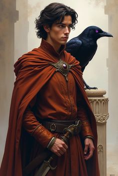 a painting of a man dressed in red with a crow on his shoulder, standing next to him