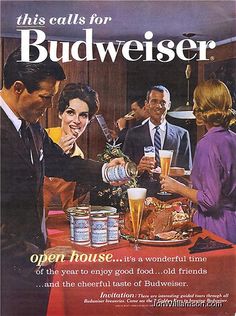 an advertisement for budweiser beer featuring men and women at a table with drinks