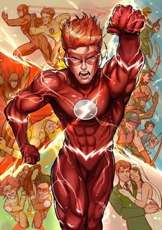 the flash man is running in front of many other people and his arms are up