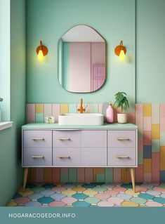 Baño de estilo de los años 60 en verde con Azulejos de colores Beautiful Restrooms, Pastel Bathroom, Kids Bathroom Colors, Black White Bathrooms, Pastel Interior, Pastel Home Decor, Bathroom Design Layout, Retro Bathrooms, Upstairs Bathrooms