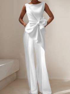 Women Plain Summer Urban Natural Non-Wrinkle Commuting Regular Fit Crew Neck Tank Jumpsuits White Jumpsuit Outfit Black Women, White Outfit Women, White Jumpsuit Outfit, White Jumpsuits, Asymmetric Jumpsuit, White Attire, White Outfits For Women, Bridal Jumpsuit, Midi Sheath Dress