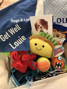 a basket filled with stuffed animals, toys and greeting cards for someone's birthday