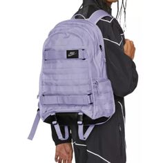 New Color: Lilac Bloom/Black Product Information Fit And Design: Padded Shoulder Straps Are Adjustable For A Comfortable Fit Spacious Main Compartment Side Pockets Hold A Water Bottle Or Other Small Essentials Zippered Back Pocket Adds Secure Carrying Space Stabilizing Chest Strap Distributes The Weight Of The Backpack, Helping You Stay Comfortable During Extended Wear Internal Sleeve Stores A Laptop Up To 15" Haul Loop Nike Logo Nike Elite Backpack, Elite Backpack, Nike Volleyball, Carhartt Double Knee Pants, Gym Sack, Nike Backpack, Nike Tempo, Nike Bags, Chest Strap