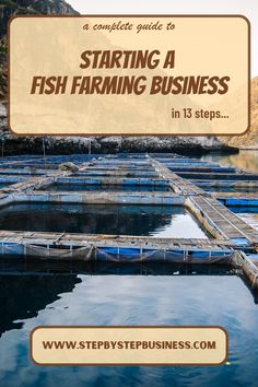 a fish farm with the words starting a fish farming business in 13 steps on it