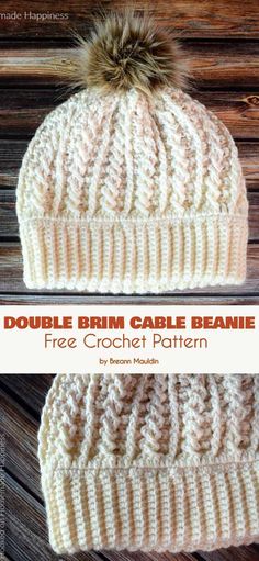 the double brim cable beanie knitting pattern is shown in two different colors and sizes