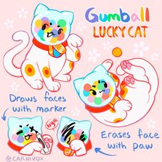 the instructions for how to draw gumball lucky cat with markers and pastel pencils