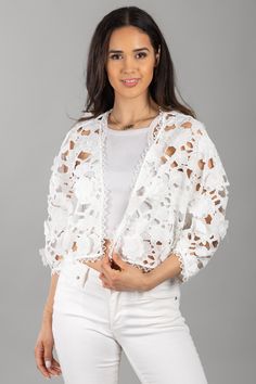 Crafted with the utmost care and attention to detail, this Floral Lace Cut Out Bolero features delicate floral lace expertly cut out to create a stunning and unique design. The intricate lace pattern is accented with a beautiful summer palette, making this bolero a perfect addition to your warm-weather wardrobe. The open front design allows easy layering over your favorite summer dresses or tops, while the 3/4 sleeves provide the right coverage for those cooler summer nights. This bolero, made w Bolero Outfit, Summer Palette, Artisanal Design, Lace Bolero, Velvet Kimono, Cashmere Wrap, Burgundy Flowers, Indian Embroidery, Fashion Marketing