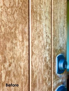 a wooden cabinet door with blue handles and knobs on it's sides, before and after remodeling