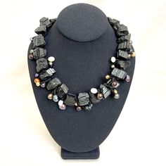 Natural unpolished black Tourmaline with multicolor freshwater pearls Resin And Clay, Tourmaline Meaning, Saxony Germany, Original Necklace, Tourmaline Necklace, Black Necklace, Black Tourmaline, Cut And Color, Semiprecious Stones