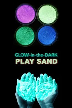 glow in the dark play sand is shown with hands holding it up to show different colors