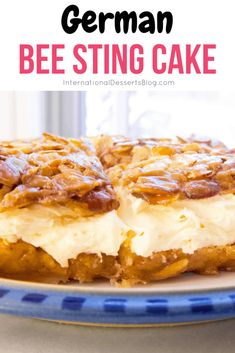 german bee sting cake on a blue and white plate