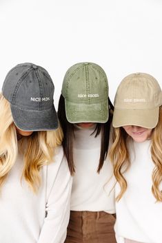 Introducing the Nice Mom Club Ball Cap – the go-to accessory for moms on the move. With a subtle "Nice Mom" embroidery, this every day hat is perfect for quick, busy mornings (which if we are being honest are most days!)” Features 100% cotton - with a worn in feel Comfortable six-panel ball cap Curved brim for great sun protection Adjustable back strap for the perfect fit Sizing One size fits most. Adjustable back strap for customized fit For sanitary reasons, this item is Final Sale. Everyday Hats With Letter Print And Curved Visor, Cotton Baseball Cap With Curved Bill For Travel, Everyday Curved Visor Hat With Letter Print, Cotton Baseball Cap For Travel, Travel Cotton Baseball Cap One Size, Comfortable Adjustable Baseball Cap For Everyday, Cotton Hats For Everyday, One Size Fits All, Cotton Hats One Size For Everyday, Everyday Cotton Hats One Size