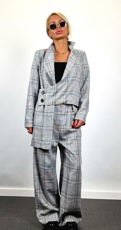 Linen Women Set, Plaid Suit, Asimetric Longsleeve Blaizer, Loose Throusers, Extravagant Women Suit, Avant-garde Set Size Guide cm Size XS: Bust 84cm/Waist 64cm/ Hip 90cm Size S: Bust 88cm/Waist 68cm/ Hip 94cm Size M: Bust 92cm/Waist 72cm/ Hip 98cm Size L: Bust 96cm/Waist 76cm/ Hip 102cm Size XL: Bust 100cm/Waist 80cm/ Hip 106cm Size 2XL: Bust 104cm/Waist 84cm/ Hip 110cm Size 3XL: Bust 108cm/Waist 88cm/ Hip 114cm Size 4XL: Bust 112cm/Waist 92cm/ Hip 118cm Size 5XL: Bust 116cm/Waist 96cm/ Hip 122cm Size Guide inches Size XS: Bust 33in/Waist 25in/ Hip 35in Size S: Bust 35in/Waist 27in/ Hip 37in Size M: Bust 36in/Waist 28in/ Hip 38.5in Size L: Bust 38in/Waist 30in/ Hip 40in Size XL: Bust 39.5in/Waist 31.5incm/ Hip 42in Size 2XL: Bust 41in/Waist 33in/ Hip 43.5in Size 3XL: Bust 42.5in/Waist 34.5 Plaid Suit, Women Set, Linen Women, Blazer Suit, Suits For Women, Custom Made, No Response, Plaid, Art Collection