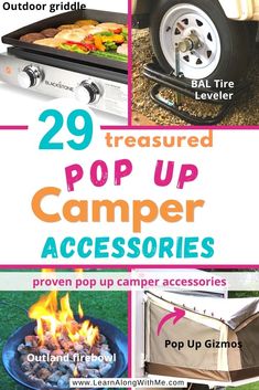 Pin for article showing 29 pop up camper accessories including and OUtland Firebowl, Pop Up Gizmos, Blackstone griddle and the BAL tire leveler. Camping Tent Trailer, Pop Up Camping Ideas, Tent Camper Hacks, Pop Up Camper Bed Supports, Pop Up Trailer Organization, Pop Up Trailer Storage Ideas, Tent Trailer Storage Ideas, Living In A Pop Up Camper Full Time, Tent Trailer Organization