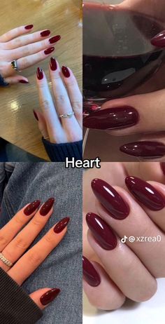 Red And Gold Nails French Tip, Simple Nail Designs Dark, Plum Red Nails, Deep Winter Nails, Almond Red Nails Design, Autumn Red Nails, Spanish Nails, Nails Cherry Red, Dark Red Nails