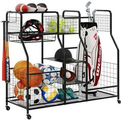 a rack that has various sports items in it