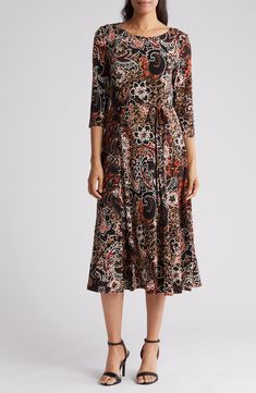 A stylish print and tie at the waist lends sophistication to a flowy midi dress fitted with three-quarter sleeves for a timeless look. 49" length (size Small) Jewel neck Three-quarter sleeves Removable waist tie 95% polyester, 5% spandex Machine wash, dry flat Imported Elegant Printed Mid-length Midi Dress, Elegant Printed Midi Dress, Elegant Printed Patterned Midi Dress, Elegant Patterned Printed Midi Dress, Casual Printed Midi Dress With 3/4 Sleeves, Casual Midi Dress With 3/4 Sleeves And Print, Printed A-line Black Midi Dress, Printed Black A-line Midi Dress, Black Printed A-line Midi Dress