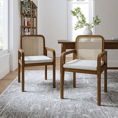 two chairs sitting next to each other on top of a rug