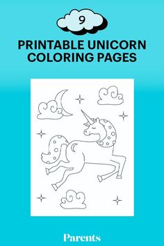 the printable unicorn coloring pages for kids is shown in blue and white with clouds