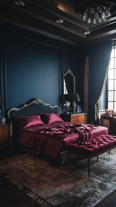 a large bed sitting in the middle of a bedroom next to a window with curtains