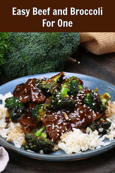 beef and broccoli over rice on a plate with broccoli in the background