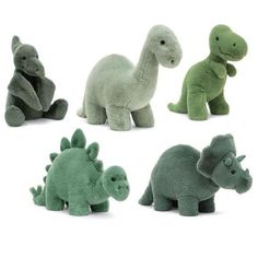 six stuffed dinosaurs in different colors and sizes