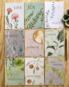 four cards with different plants and words on them