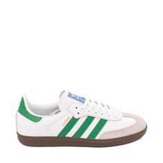 adidas Samba OG Athletic Shoe - Cloud White / Green | Journeys Leather Skate Shoes With Three Stripes For Streetwear, Leather Sneakers With White Sole And Three Stripes, Leather Lace-up Skate Shoes With Three Stripes, Sporty Leather Skate Shoes With Three Stripes, Leather Sporty Skate Shoes With Three Stripes, Leather High-top Striped Sneakers, Leather High-top Sneakers With Stripes, Converse New, Adidas Samba Og