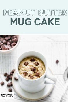 A peanut butter mug cake topped with chocolate chips in a mug. A quick and easy dessert with your pantry staples. Peanut Butter Mug Cake, Reeses Cake, Instant Dessert, Dinner Desserts, Simple Pantry, Pantry Ingredients, Single Serving Recipes