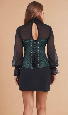 Experience the luxurious feel of satin with our Natalie Green Overbust Corset. This stunning corset is designed with a beautiful satin print, elevating any outfit with a touch of sophistication. Its overbust design provides excellent support and shaping, making you feel confident and comfortable all day. Upgrade your style with our Natalie Green Overbust Corset. Best for Height : 5'.3" and Above Bone Casing : All bones are placed under cotton bone casing Boning : 10 Spiral Steel Bones & 4 Flat Steel Bones Dimensions : Center Front - 15" / Back - 13" / Side - 12" Fabrics : Shell Fabric - Satin with Chiffon/ Lining-100% Cotton Lacing : 6.5-7 Mtr long back lacing Modesty Panel : 6 inches wide Opening : Metal busk front opening Pattern Name : Wanda Suspender Loops : 6 loops Please Note : The c Elegant Stretch Corset With Boned Bodice, Green Fitted Corset Dress For Formal Events, Green Fitted Corset Dress For Formal Occasions, Elegant Green Corset Dress With Boned Bodice, Elegant Stretch Underbust Corset Dress, Elegant Stretch Underbust Corset, Elegant Green Corset With Corset Back, Fitted Long Sleeve Corset Dress With Boned Bodice, Fitted Green Corset Dress For Costume Party